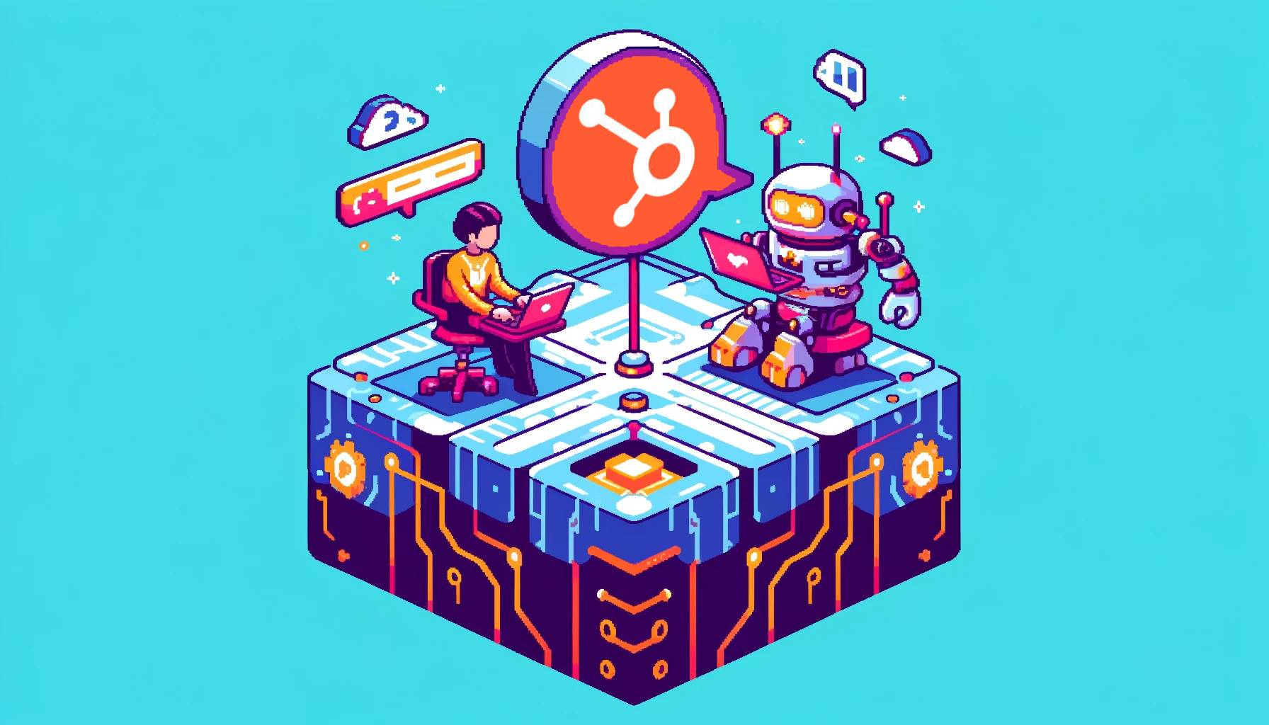 E-commerce CRM Automations. A Robot and a Virtual Assistant both working on setting up automated workflows on their laptops. They sit on an isometric computer chip world with a giant Hubspot logo in the center.