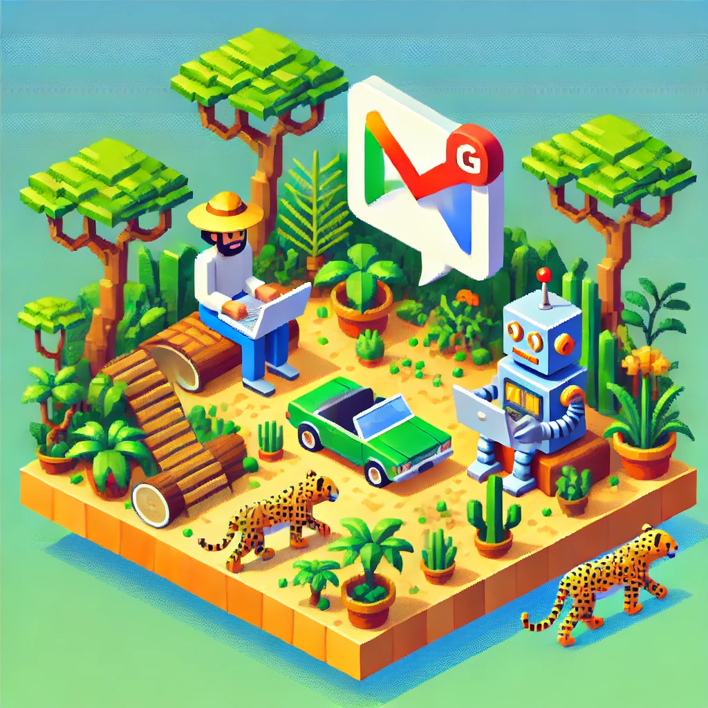 Illustration of a person and a robot working on laptops in a jungle-themed environment with the Gmail logo above them.