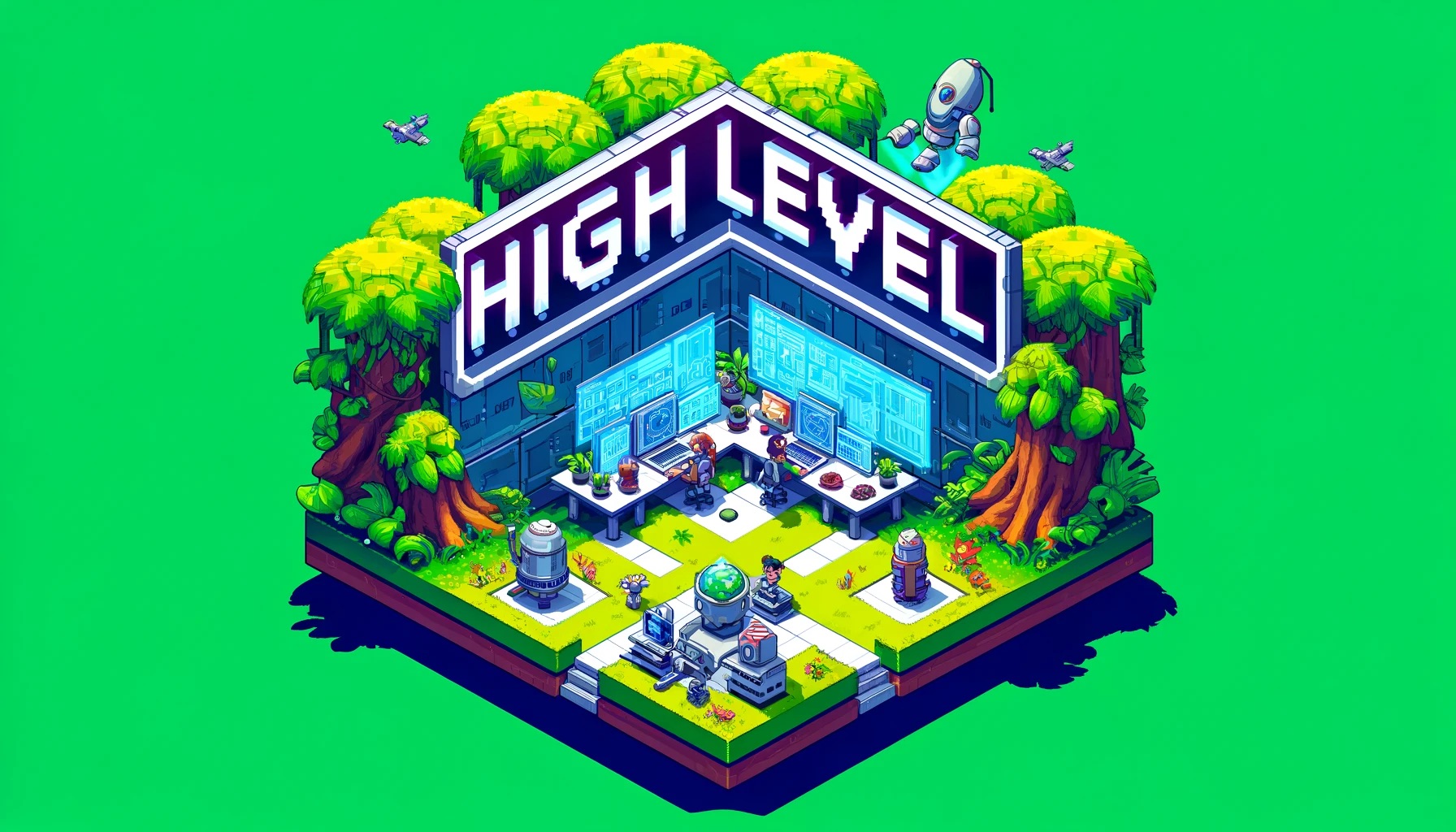 Isometric pixel art depicting a futuristic High Level automation setup with robots and computer screens surrounded by greenery.