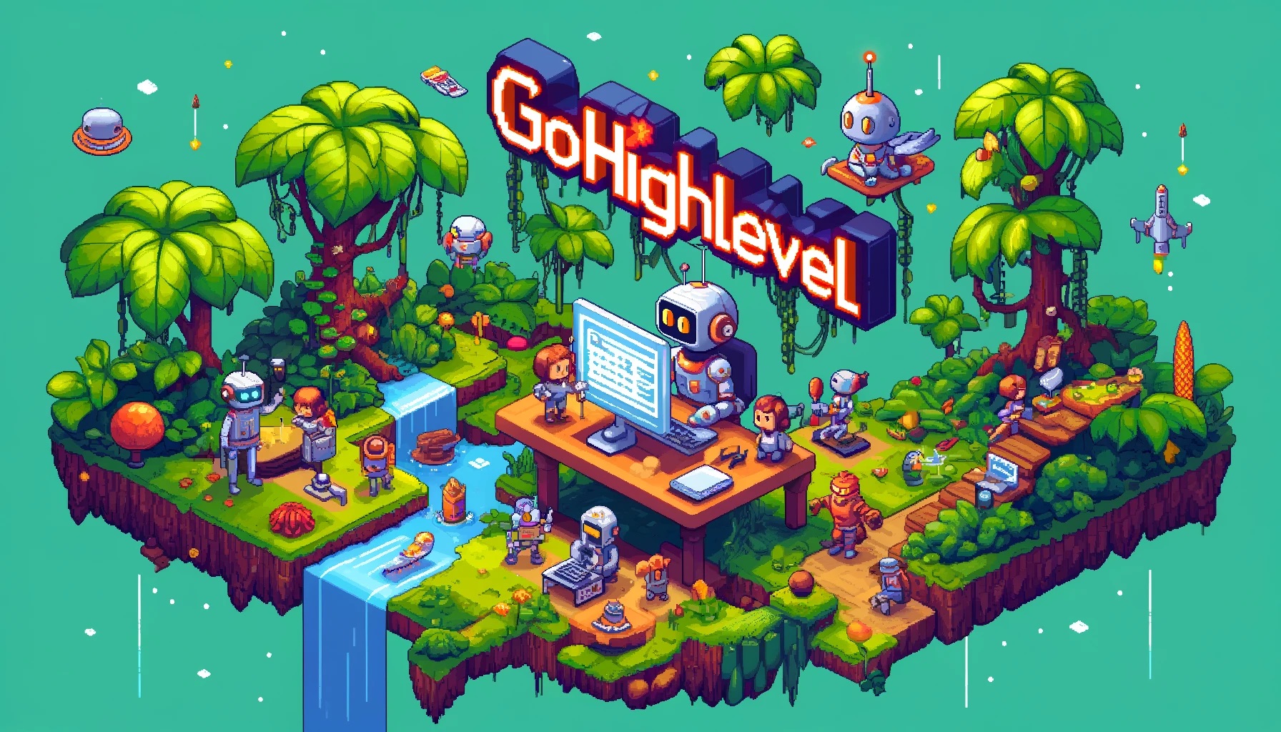 A floating island in a colorful video game style world where whimsical robots and virtual assistants are working on automating chatbots using the HighLevel software platform