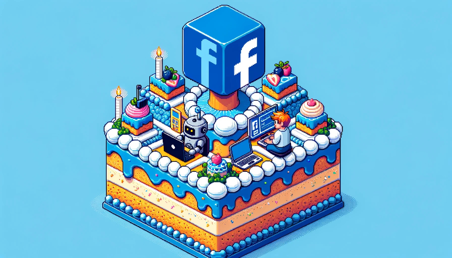 Pixel art illustration of Facebook automation with robots and users on a layered cake structure, representing the integration of Facebook and AI tools.