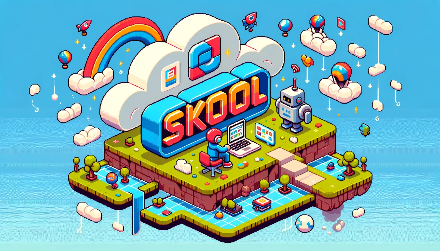 Colorful isometric illustration featuring a cloud with the word 'Skool' on it, a robot, and a person working at a laptop on a floating island with a rainbow and balloons in the background to showcase Automating ClickFunnels Opt-ins to Skool Community.