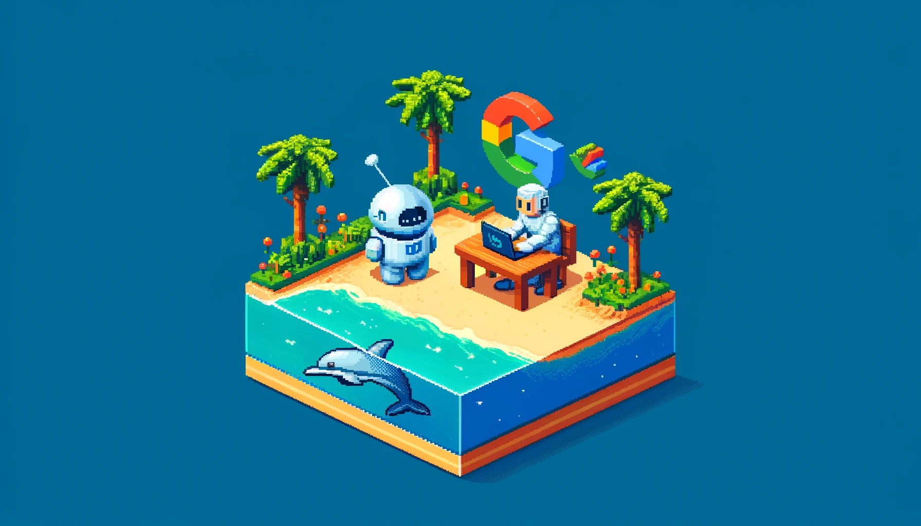 Pixel art of a robot and a person working on a laptop on a tropical island with a dolphin swimming nearby and a Google logo in the background.