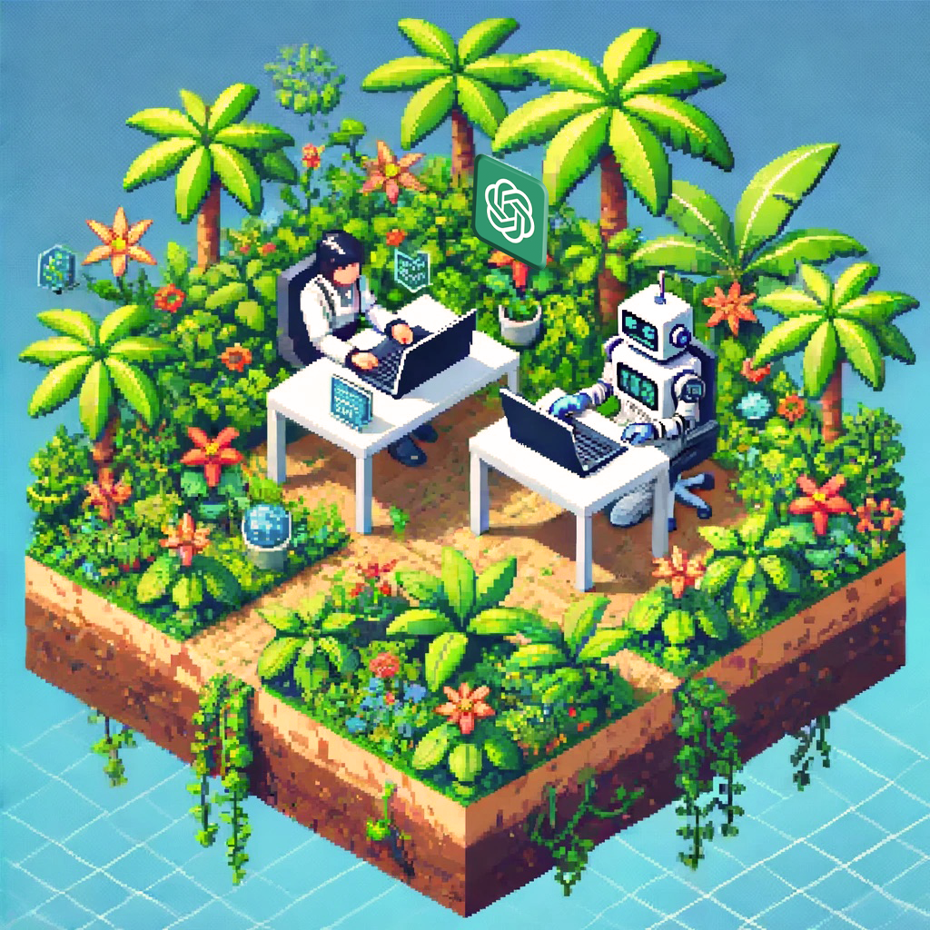 An isometric illustration of a human and a robot working together at desks in a lush, floating garden, symbolizing the integration of AI and human tasks.